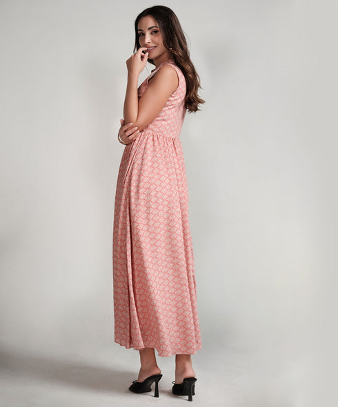 Sleeveless Printed Waist Gathered Pink Dress